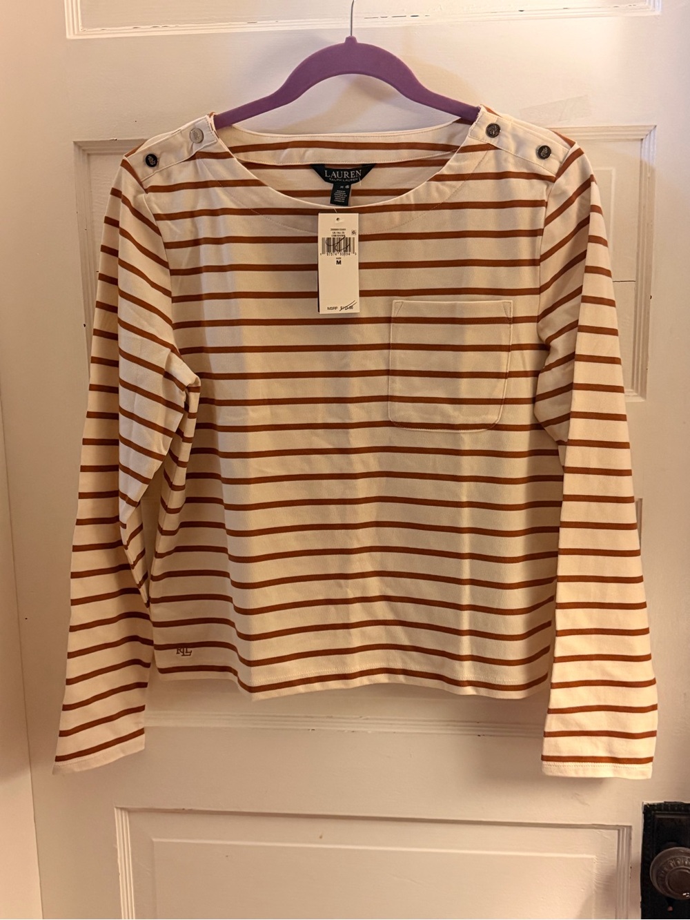 Lauren Ralph Lauren Cream and Brown Striped Long-Sleeve Boatneck Top